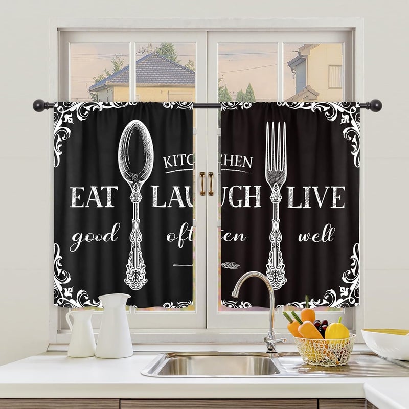 Riyidecor Black White Vintage Kitchen Curtains and Valances 3 Piece Set Rod Pocket 36 Inch Short Farmhouse Eat Good Laugh Often Live Well Funny Quotes Simple Bedroom Living Room Treatment Fabric - Image 3